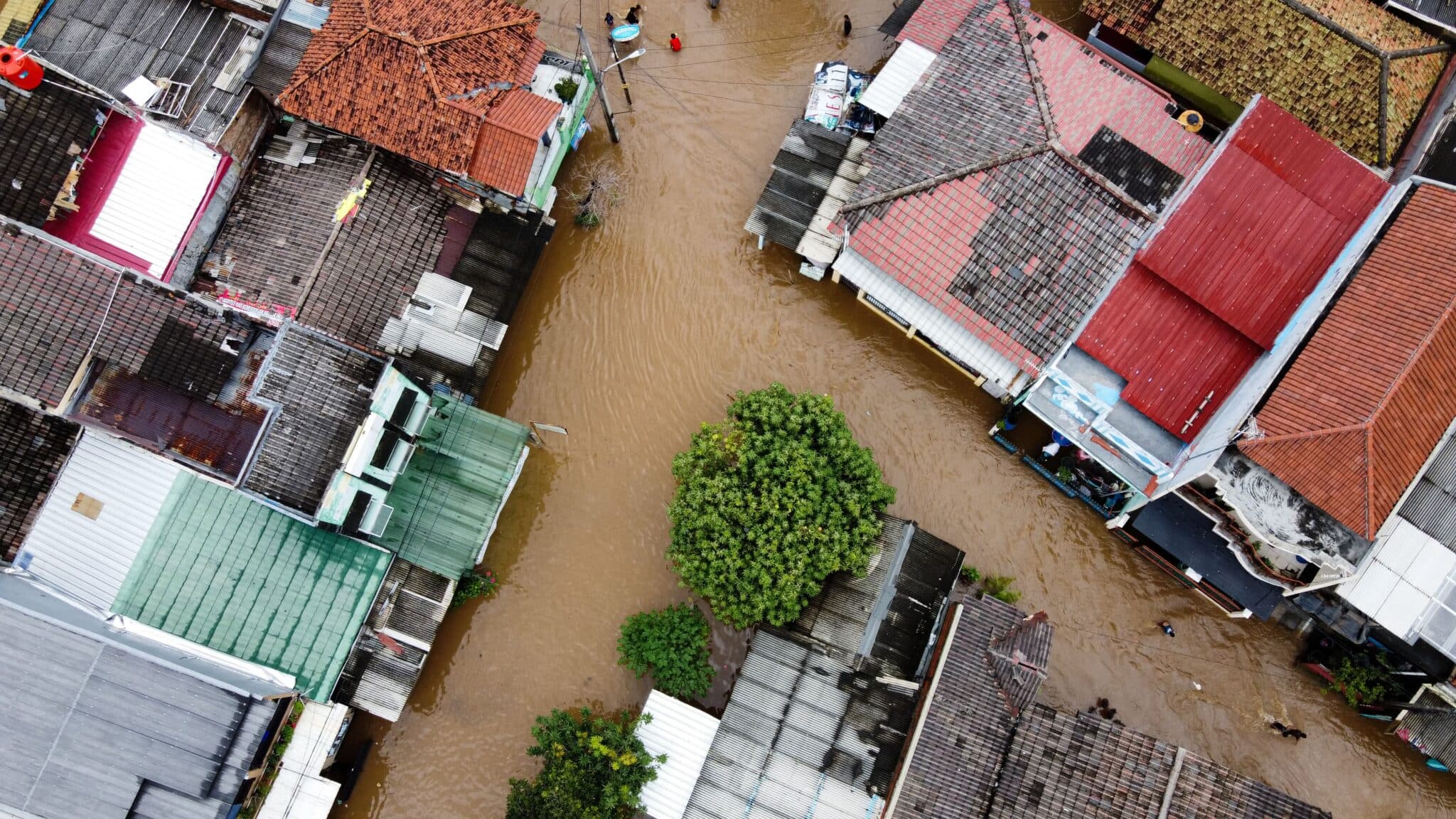 Aerial view of hurricane-damaged community